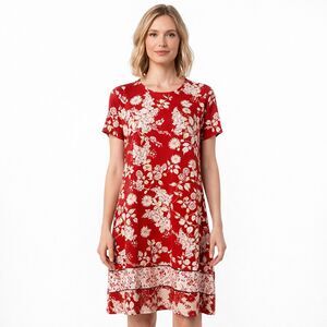 J Jill Wearever Dress Womens Small Red Floral Short Sleeve T Shirt Knit Shift